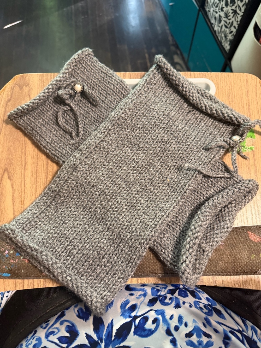 Gray Knit Leg Warmers with Pearl Button Detail